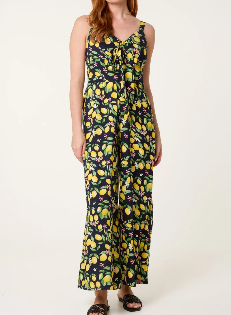 Blue Vanilla Lemon Print Front Tie Jumpsuit