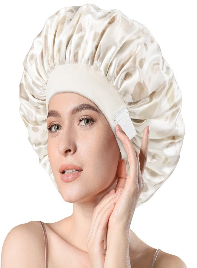 mikimini Satin Bonnet for Sleeping, Adjustable Silky Bonnets for Women, Soft Large Hair Bonnet for Curly Hair Long Hair and Braid with Elegant Creamy Dots Design, 2 Pieces - Image 1