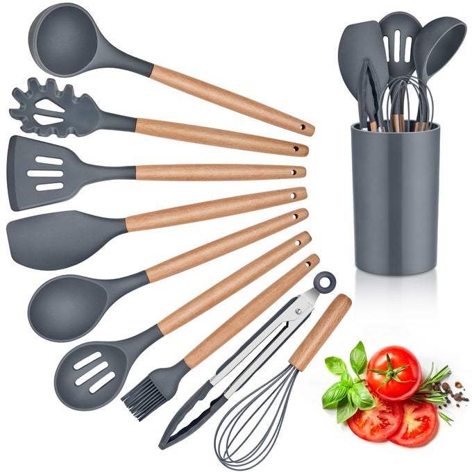 KITCHEN UTENSILS SET WITH HOLDER 10 PIECES SILICONE COOKING UTENSIL WITH WOODEN HANDLE HEAT RESISTANT NONSTICK COOKING SPATULA TURNER TONG GADGETS UTENSIL SET GREY