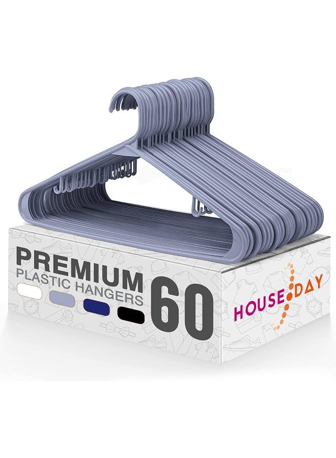 HOUSE DAY علاقات بلاستيكية من هاوس داي 60 قطعة، علاقات ملابس متينة مع خطافات، علاقات موفرة للمساحة مثالية للاستخدام في أي خزانة، علاقات ملابس خفيفة الوزن للاستخدام اليومي، رمادي - Image 1