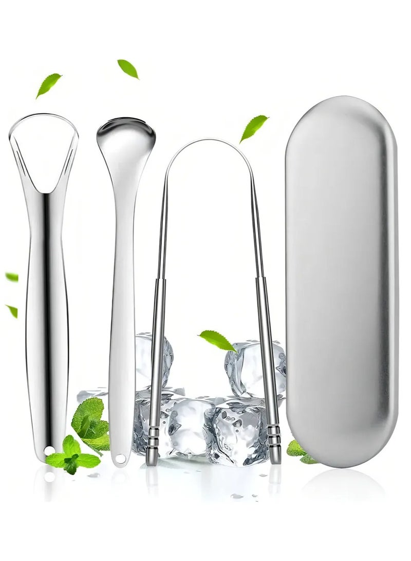 PRIMO PLUS 3-Piece Tongue Scraper Set, Portable, Stainless Steel, Easy to Use for Adults and Children, Professional Tool for Fresh Breath in Seconds, Silver, 3-Piece Metal Tongue Scraper Set, Adult Tongue Scraper, Stainless Steel Tongue Scraper, Portable Tongue Scraper - Image 1