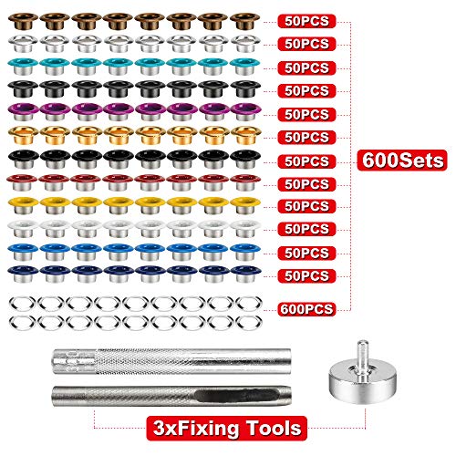 Meifuly Metal Eyelets, 600Pcs 12 Colors 3/16 inch Metal Grommets Kit, Multi-Color Grommets Kit, Metal Eyelets Set with 3 Pieces Installation Tool and Storage Box for DIY Shoes Clothes Crafts Bag - Image 2
