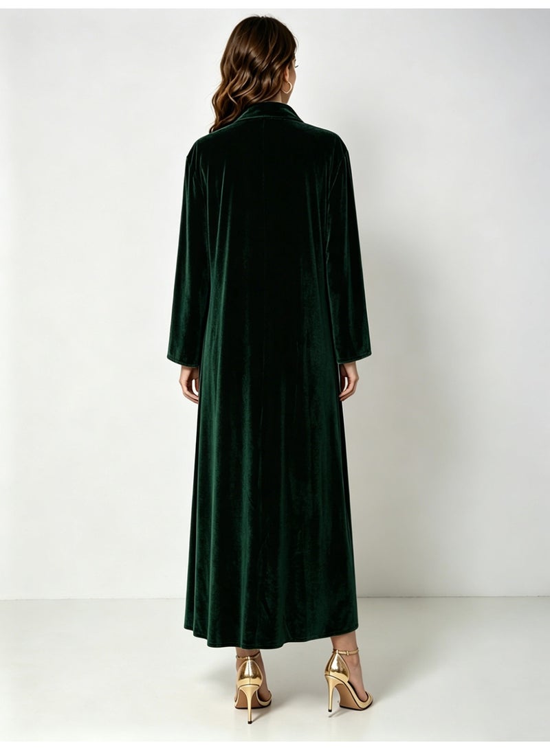 Kaiyuede Dubai Dark Green Velvet Abaya with Gold & Silver Floral Sequin Embroidery | Mandarin Collar Opaque Lined Modest Dress for Eid & Wedding - Image 3