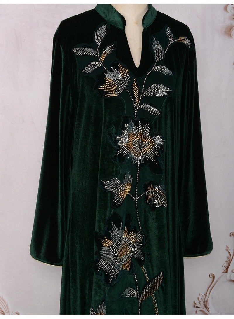Kaiyuede Dubai Dark Green Velvet Abaya with Gold & Silver Floral Sequin Embroidery | Mandarin Collar Opaque Lined Modest Dress for Eid & Wedding - Image 2