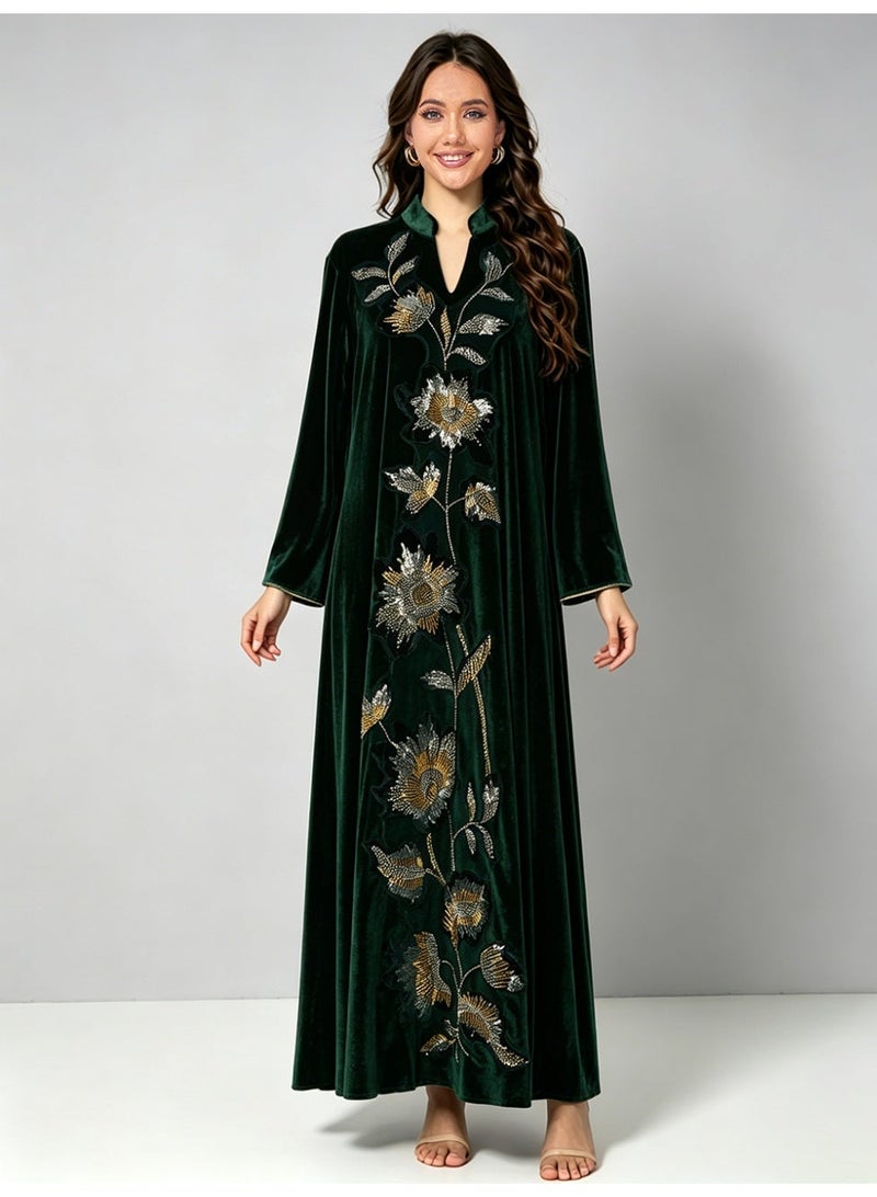 Kaiyuede Dubai Dark Green Velvet Abaya with Gold & Silver Floral Sequin Embroidery | Mandarin Collar Opaque Lined Modest Dress for Eid & Wedding - Image 1