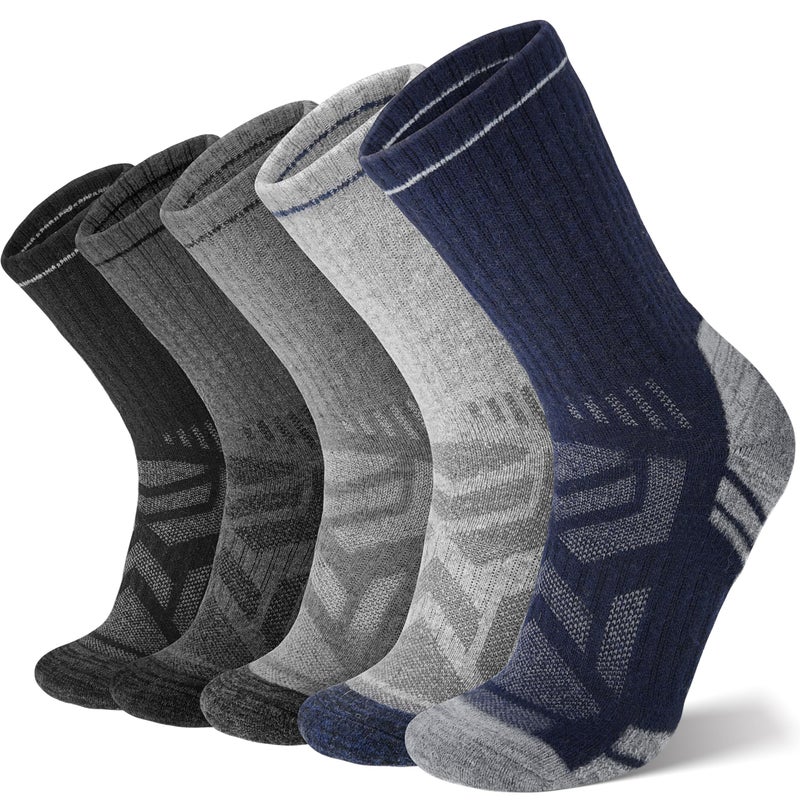 ANTSANG Merino Wool Hiking Socks, Enhanced Breathability, Targeted Cushion Thermal Socks for Men and Women, 5 Pairs(Blue/Gray/Black, L) - Image 1