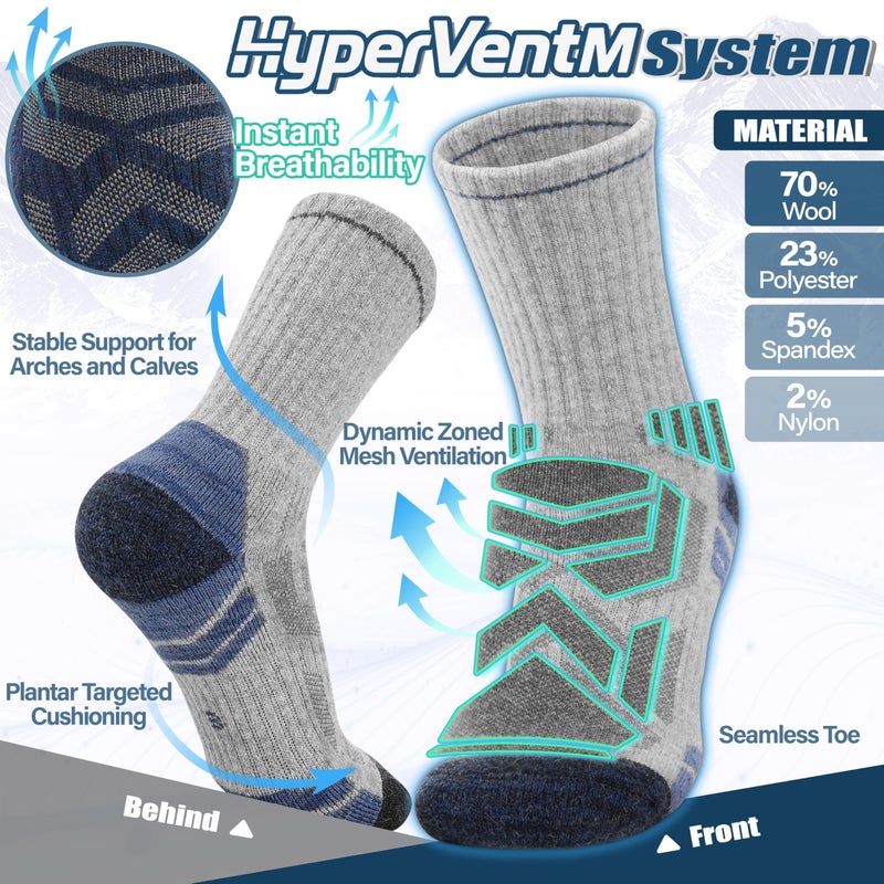 ANTSANG Merino Wool Hiking Socks, Enhanced Breathability, Targeted Cushion Thermal Socks for Men and Women, 5 Pairs(Blue/Gray/Black, L) - Image 4