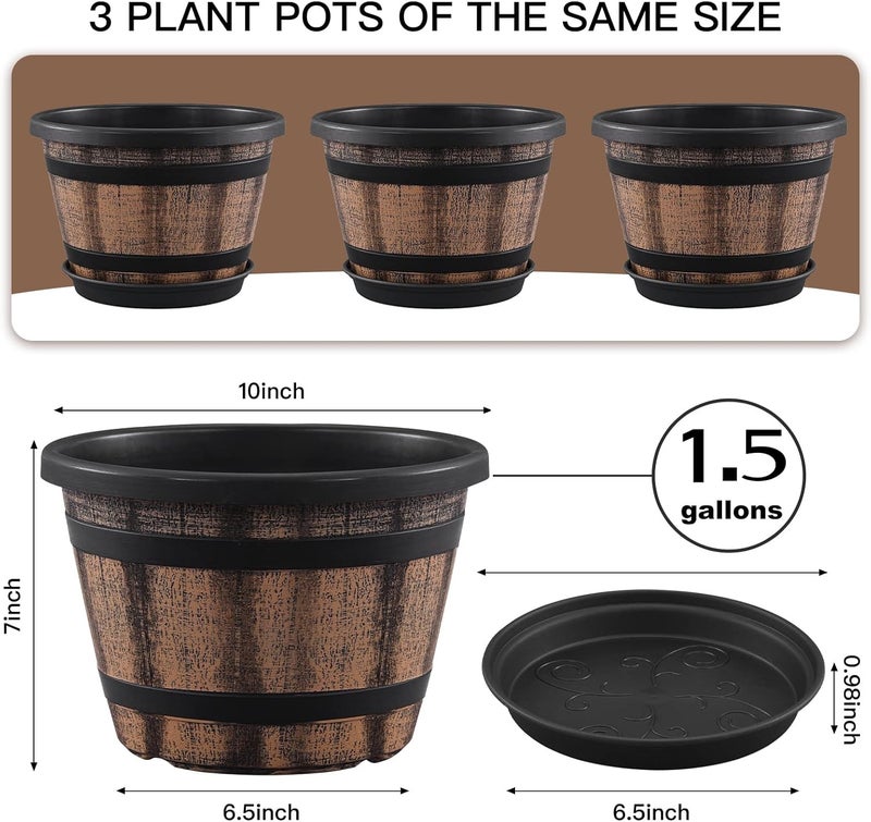 Quarut 3 Pack 10 inch Plant Pots,Whiskey Barrel Planters with Drainage Holes & Saucer, Plastic Decoration Flower Pots Imitation Wine Barrel Design, for Indoor & Outdoor Garden Home (Brown) - Image 2