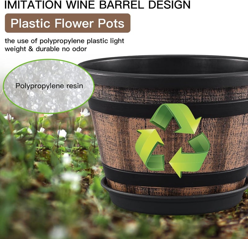 Quarut 3 Pack 10 inch Plant Pots,Whiskey Barrel Planters with Drainage Holes & Saucer, Plastic Decoration Flower Pots Imitation Wine Barrel Design, for Indoor & Outdoor Garden Home (Brown) - Image 4
