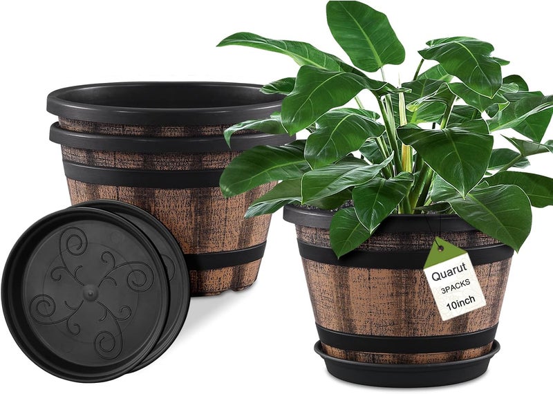 Quarut 3 Pack 10 inch Plant Pots,Whiskey Barrel Planters with Drainage Holes & Saucer, Plastic Decoration Flower Pots Imitation Wine Barrel Design, for Indoor & Outdoor Garden Home (Brown) - Image 1