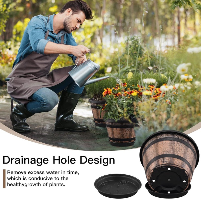 Quarut 3 Pack 10 inch Plant Pots,Whiskey Barrel Planters with Drainage Holes & Saucer, Plastic Decoration Flower Pots Imitation Wine Barrel Design, for Indoor & Outdoor Garden Home (Brown) - Image 3