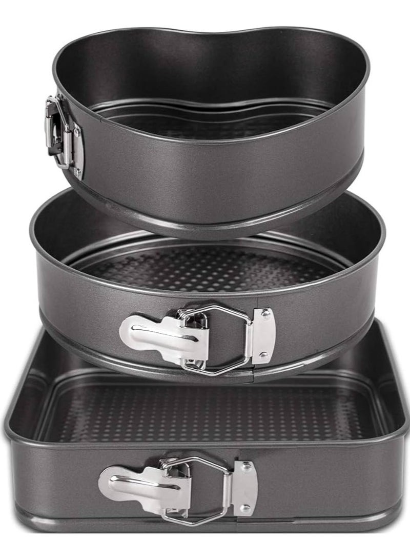 3 Pieces Non Stick Removable Bottom Round Heart Square Shape Cake Mold Set Black - Image 2