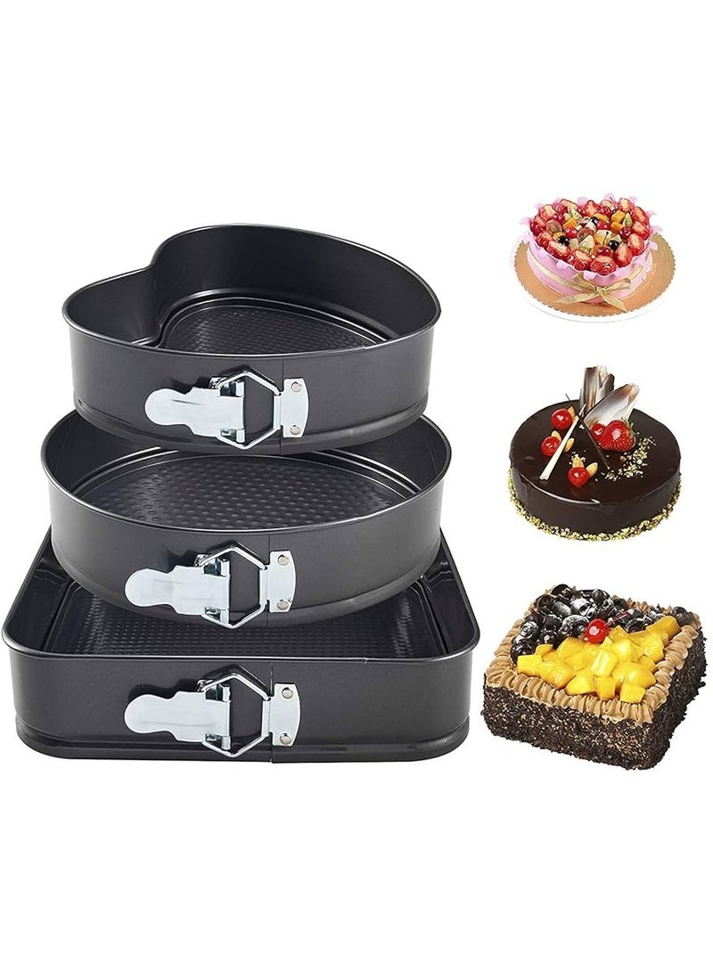 3 Pieces Non Stick Removable Bottom Round Heart Square Shape Cake Mold Set Black - Image 1