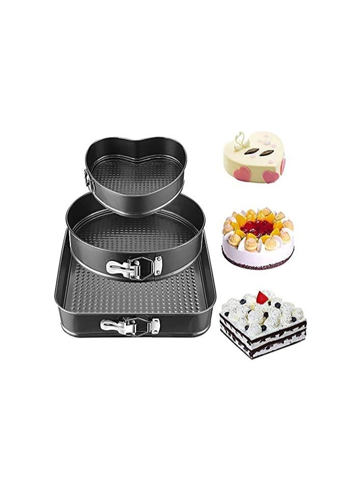 3 Pieces Non Stick Removable Bottom Round Heart Square Shape Cake Mold Set Black - Image 3