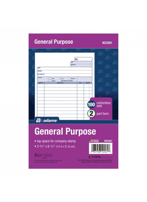 Adams General Purpose Unit Sets, 5.67 x 8.5 Inches, 2-Part, Carbonless, White/Canary, 100 Sets per Pack (NC2581)
