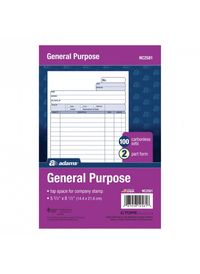 ADAMS - Adams General Purpose Unit Sets, 5.67 x 8.5 Inches, 2-Part, Carbonless, White/Canary, 100 Sets per Pack (NC2581) - Image 1