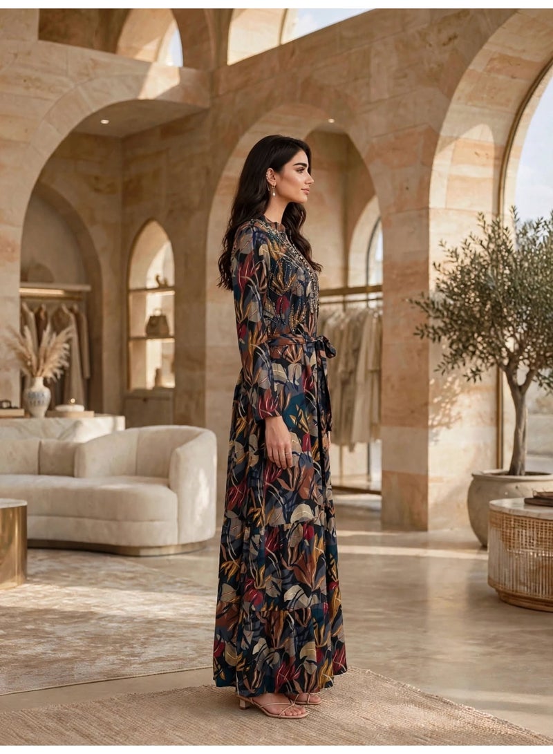 IKKXA Elegant Floral Print Long Sleeve Jalabiya IK23Black - Image 3