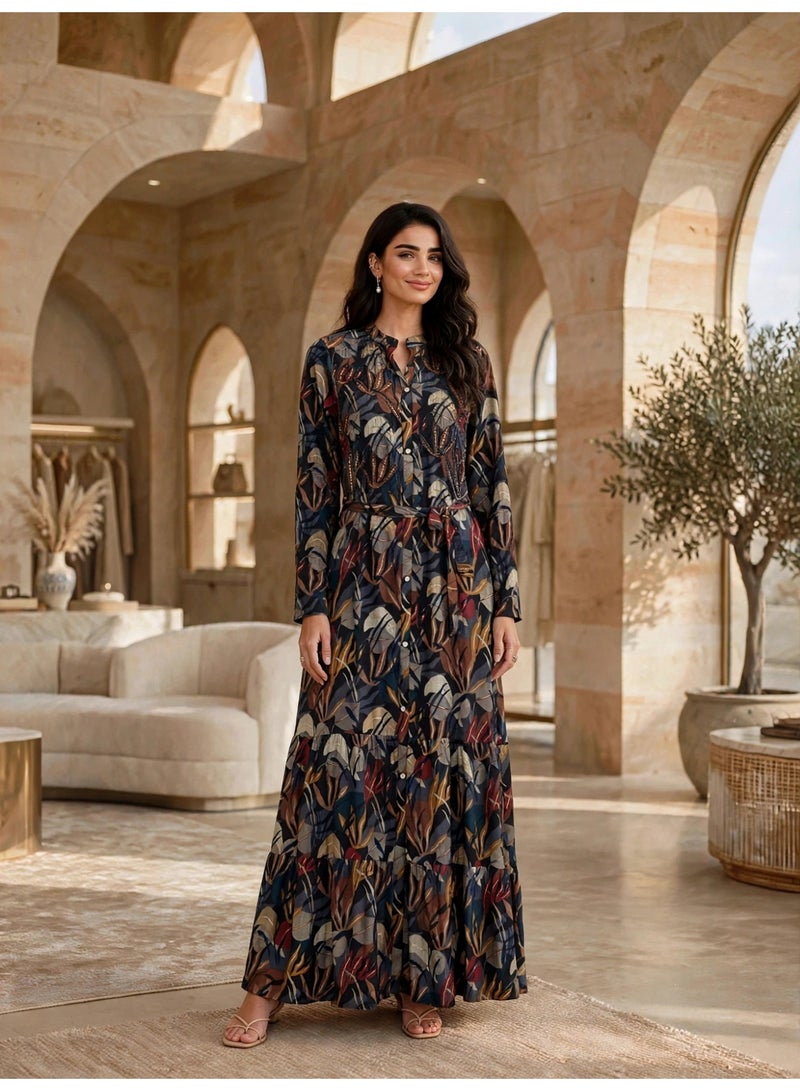 IKKXA Elegant Floral Print Long Sleeve Jalabiya IK23Black - Image 1