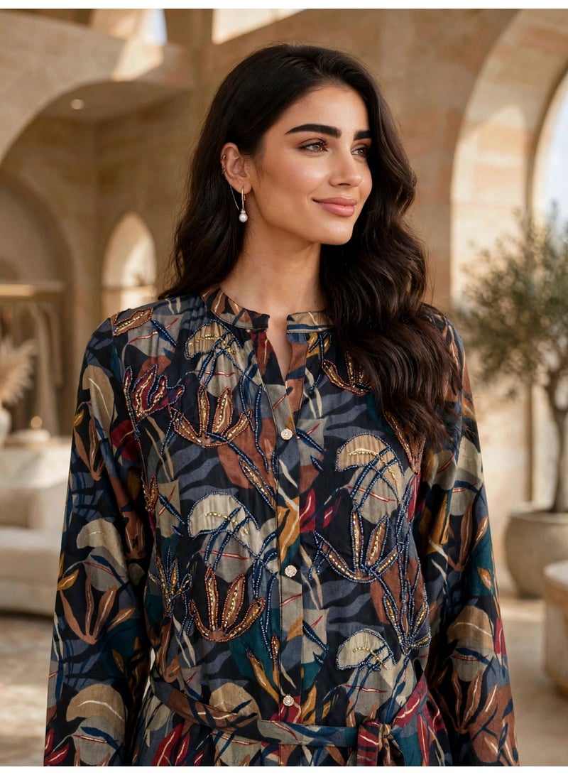 IKKXA Elegant Floral Print Long Sleeve Jalabiya IK23Black - Image 2