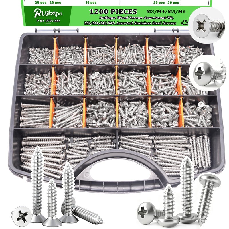 Ruibapa 1200 PCS Stainless Steel Wood Screws Assortment Kit,Self Tapping Screws M3/M4/M5/M6 Screws Assortment Kit,1200Pcs(605pcs Round Head & 595pcs Flat Head) Sheet Metal Screws Assorted - Image 1