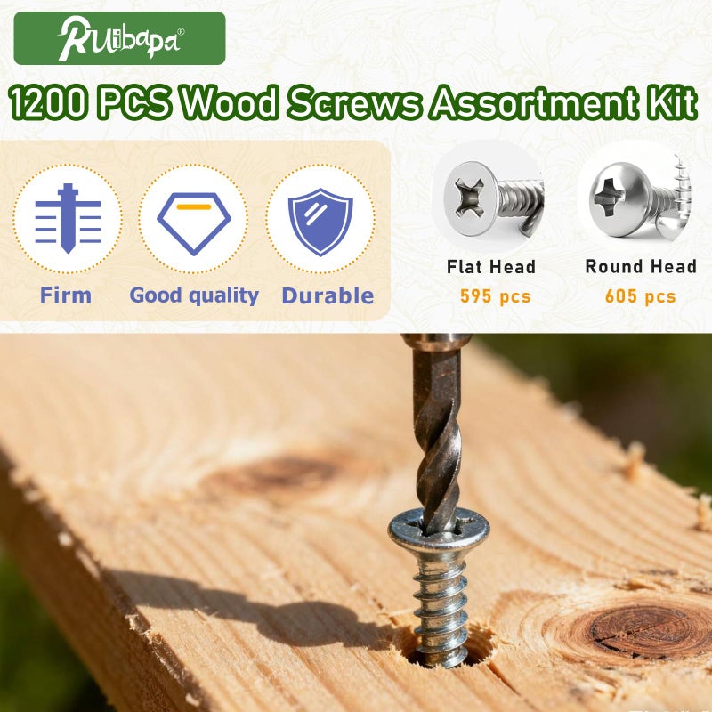 Ruibapa 1200 PCS Stainless Steel Wood Screws Assortment Kit,Self Tapping Screws M3/M4/M5/M6 Screws Assortment Kit,1200Pcs(605pcs Round Head & 595pcs Flat Head) Sheet Metal Screws Assorted - Image 5