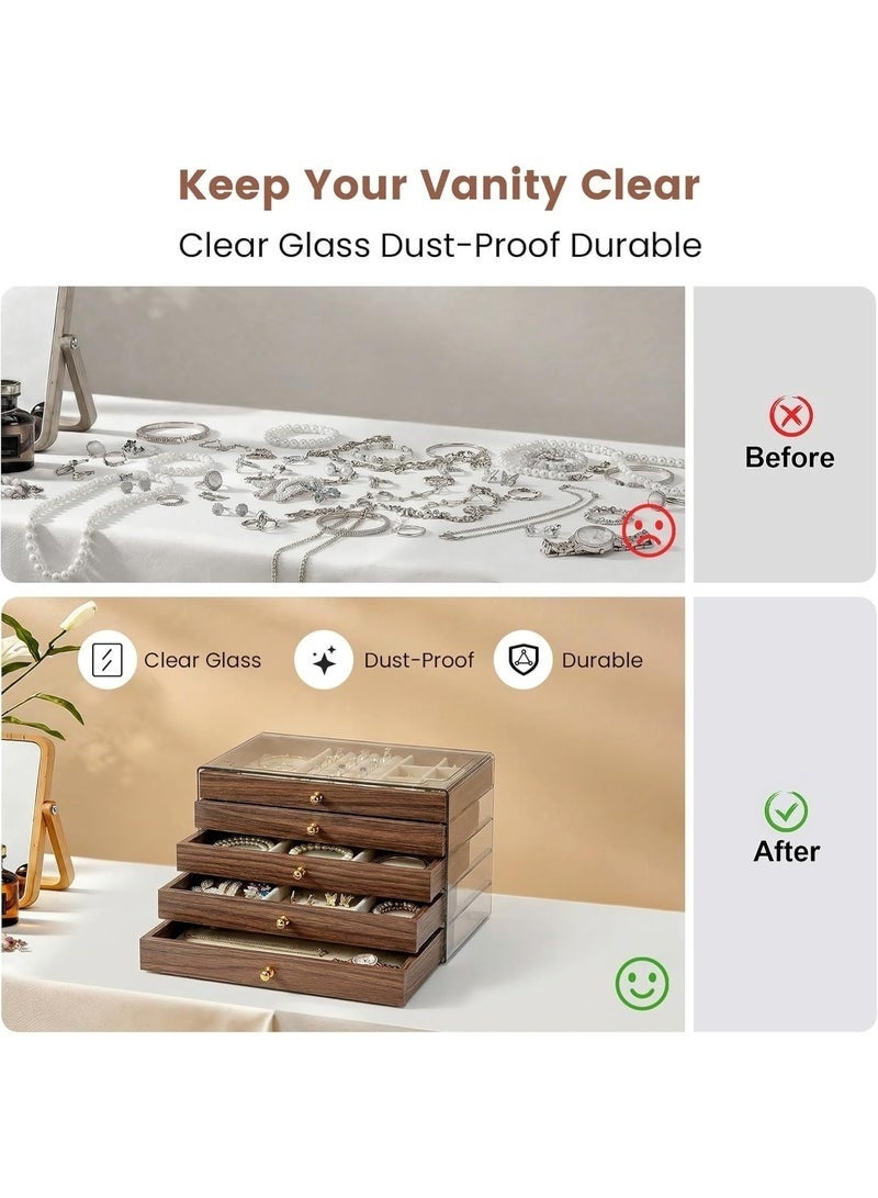 صندوق مجوهرات خشبي فاخر للنساء 5 طبقات مع 5 أدراج ودفاتر مخملية – حامل أقراط كبير، تنظيم وحفظ للقلائد والخواتم والأساور، صندوق سفر خشبي للمجوهرات، هدية أنيقة للأدراج والدواليب، تصميم كلاسيكي أنيق، الحجم 13×23×18 سم - Image 5