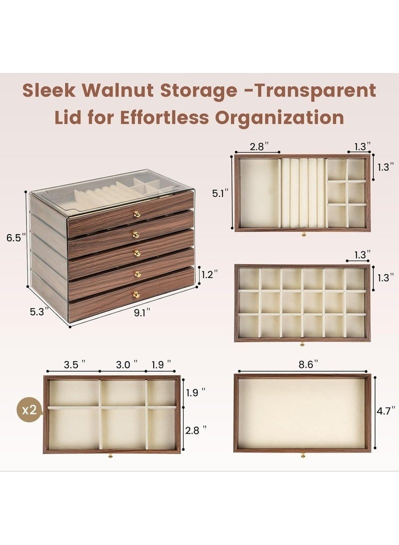 صندوق مجوهرات خشبي فاخر للنساء 5 طبقات مع 5 أدراج ودفاتر مخملية – حامل أقراط كبير، تنظيم وحفظ للقلائد والخواتم والأساور، صندوق سفر خشبي للمجوهرات، هدية أنيقة للأدراج والدواليب، تصميم كلاسيكي أنيق، الحجم 13×23×18 سم - Image 4