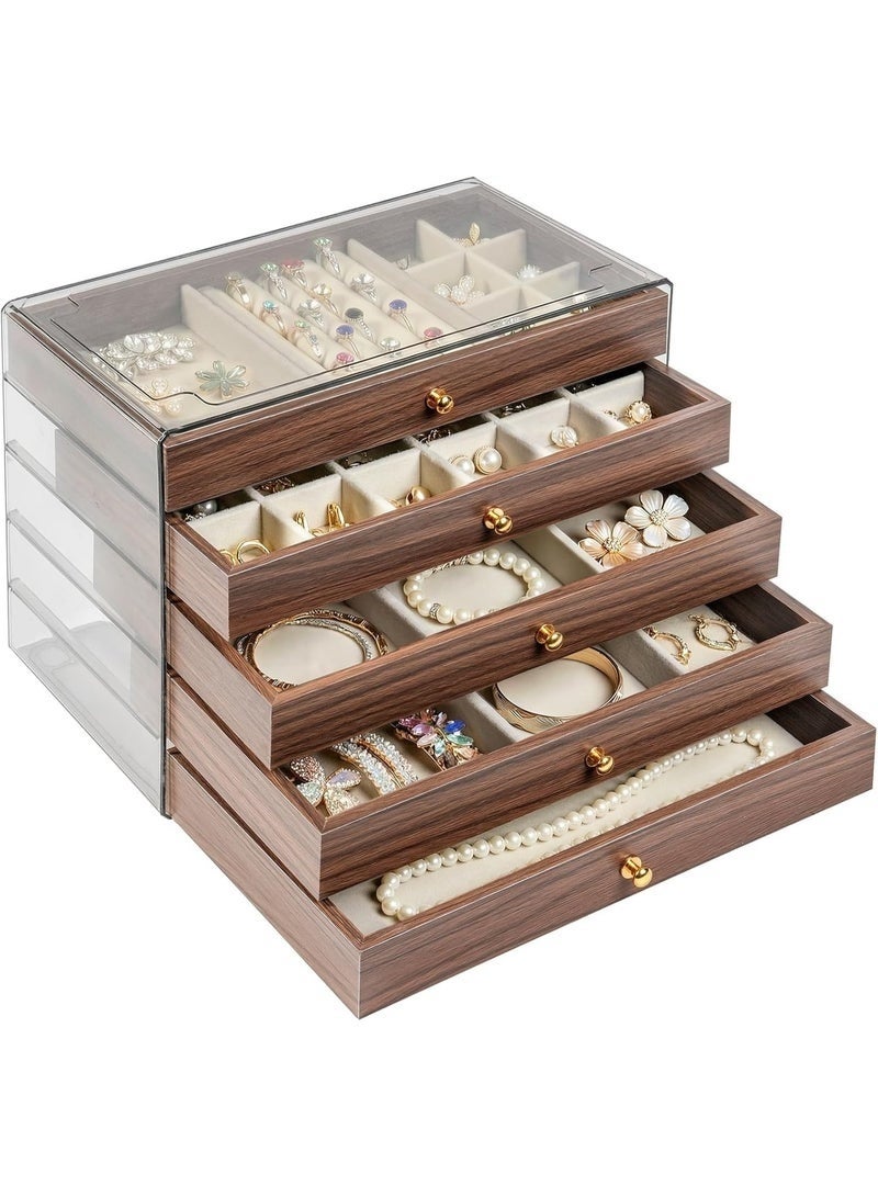 صندوق مجوهرات خشبي فاخر للنساء 5 طبقات مع 5 أدراج ودفاتر مخملية – حامل أقراط كبير، تنظيم وحفظ للقلائد والخواتم والأساور، صندوق سفر خشبي للمجوهرات، هدية أنيقة للأدراج والدواليب، تصميم كلاسيكي أنيق، الحجم 13×23×18 سم - Image 1