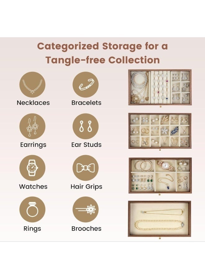 صندوق مجوهرات خشبي فاخر للنساء 5 طبقات مع 5 أدراج ودفاتر مخملية – حامل أقراط كبير، تنظيم وحفظ للقلائد والخواتم والأساور، صندوق سفر خشبي للمجوهرات، هدية أنيقة للأدراج والدواليب، تصميم كلاسيكي أنيق، الحجم 13×23×18 سم - Image 3