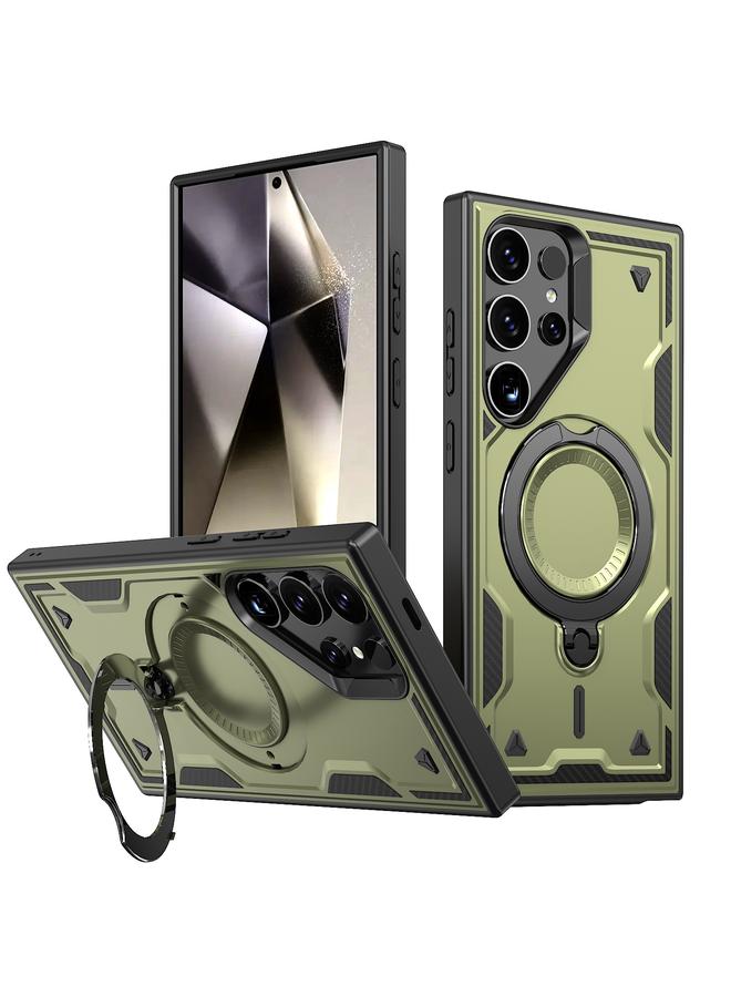 جراب هاتف Samsung Galaxy S24 Ultra 5G PC Hybrid TPU Armor MagSafe Ring Holder (أخضر زيتوني)