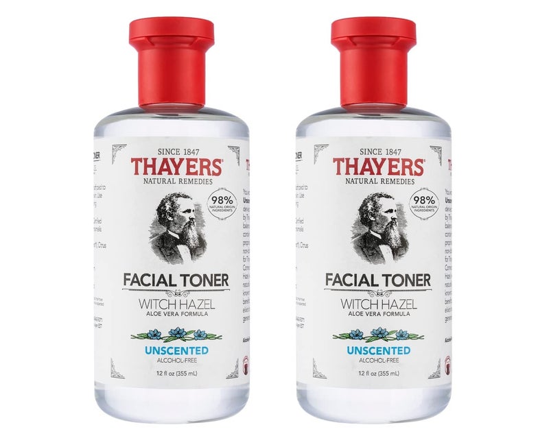 THAYERS تونر الوجه الخالي من الكحول المرطب غير المعطر من ثايرز مع صيغة الألوة فيرا، نباتي، مختبر من قبل أطباء الجلدية وموصى به، 12 أونصة، عبوة من 2