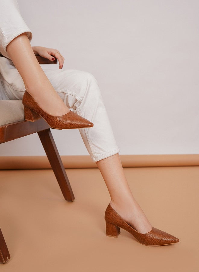 She Zone Tan Textured Block Pumps for Women - Image 1