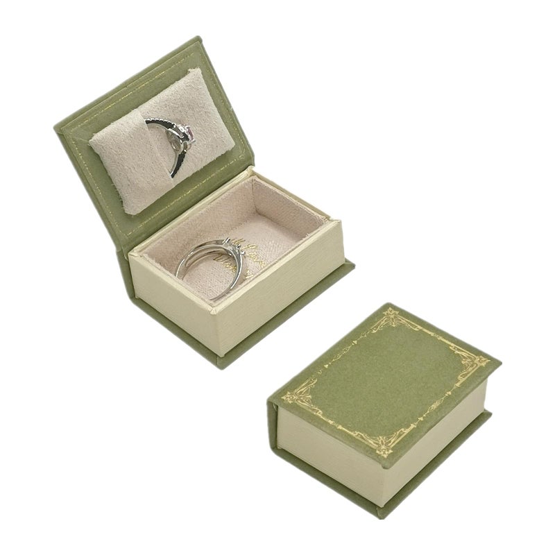 WHSLILR Book Shaped Ring Box - Vintage Engagement Ring Box with Hinged Lid for Proposal Engagement Wedding, Proposal Ring Case-PRB012-Green - Image 1