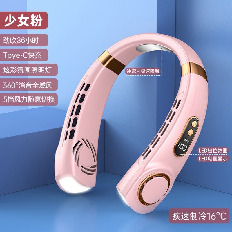 2024 Portable Neck Fan USB Rechargeable Quiet Bladeless Mini [Top powder] Typc charging + super long battery life + real-time power display + colorful atmosphere breathing light