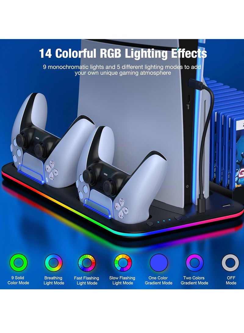 عام قاعدة شحن وتبريد لجهاز PS5 مع شاحن مزدوج لأجهزة التحكم، إضاءة LED RGB، 6 فتحات لتخزين الألعاب، مراوح تبريد عالية السرعة، متوافقة مع نسختي PS5 الرقمية والقرصية - Image 3