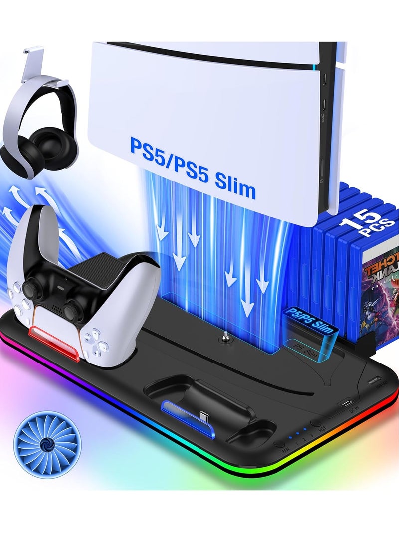 عام قاعدة شحن وتبريد لجهاز PS5 مع شاحن مزدوج لأجهزة التحكم، إضاءة LED RGB، 6 فتحات لتخزين الألعاب، مراوح تبريد عالية السرعة، متوافقة مع نسختي PS5 الرقمية والقرصية - Image 2