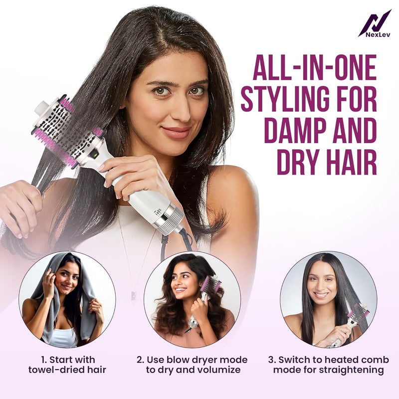 NexLev Ionic 4 in 1 Hot Air Brush + Straightener | 2 Step Styler Volumizer | Blow Dryer, Styler, Straightener & Waves | 360° Airflow | Tangle Free Bristle |Ceramic Tourmaline Coated Barrel | 1200W | V-02 - Image 2