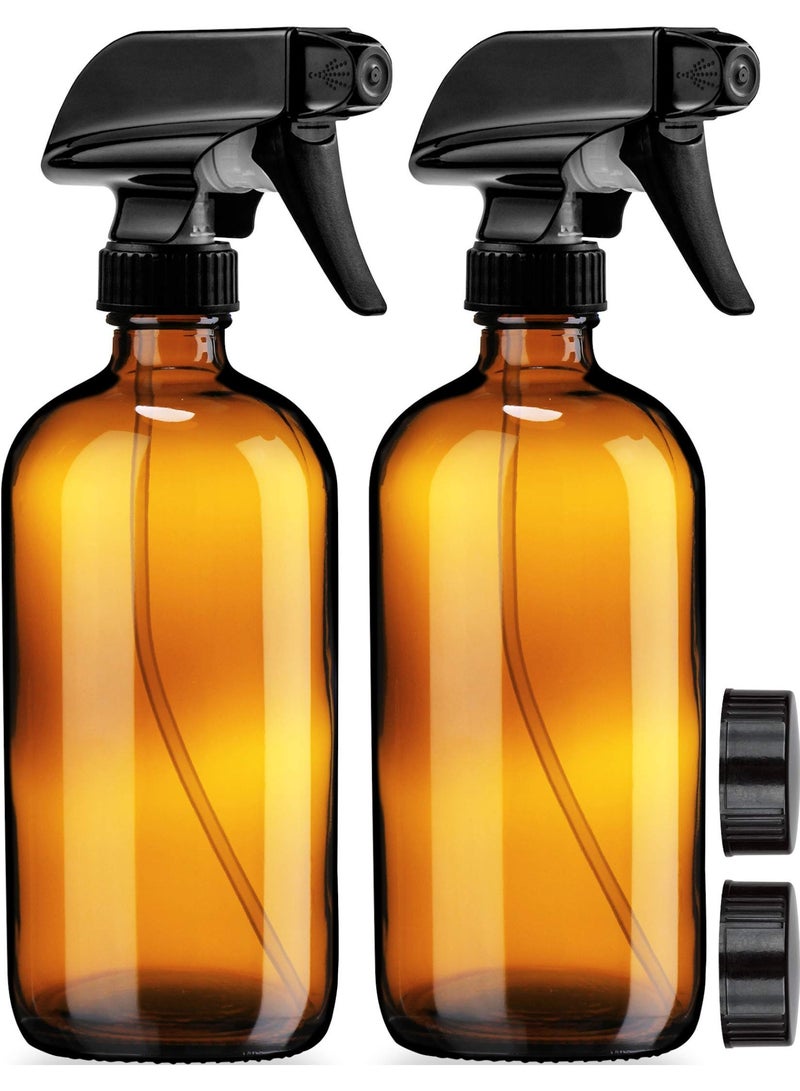 BOAO Empty Amber Glass Spray Bottles - 2 Pack - Large 16oz Refillable Bottle is Great for Essential Oils, Plants, Cleaning Solutions, Hair Mister - Durable Nozzle w/Fine Mist and Stream Setting - Image 1