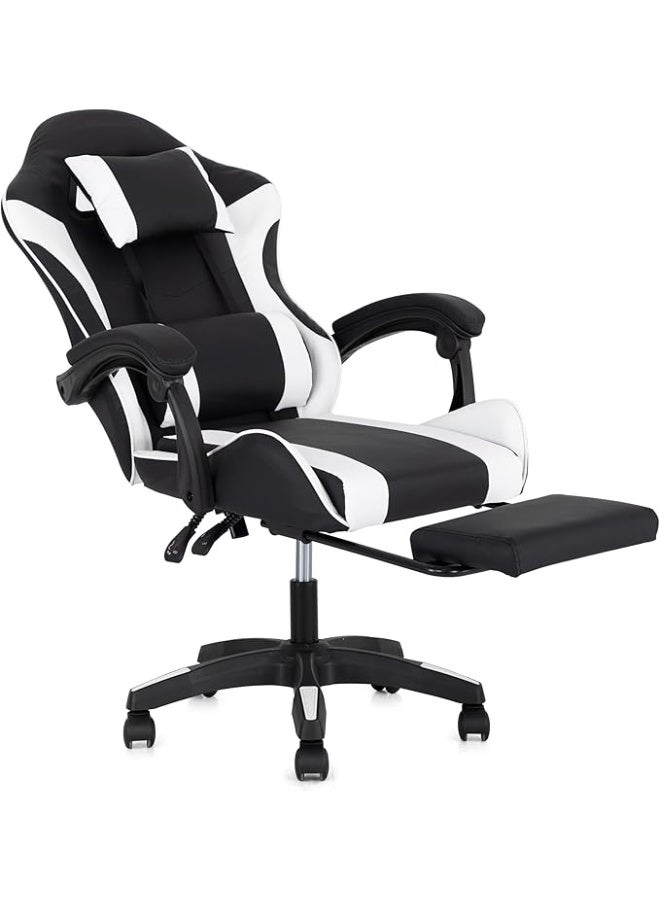 مالتي هوم فيرنيتشر كرسي ألعاب مريح MH-32FR أبيض بمسند للقدمين، كرسي مكتب سباق قابل للتعديل مع دعم أسفل الظهر ومسند للرأس، أسود وأبيض - Image 4