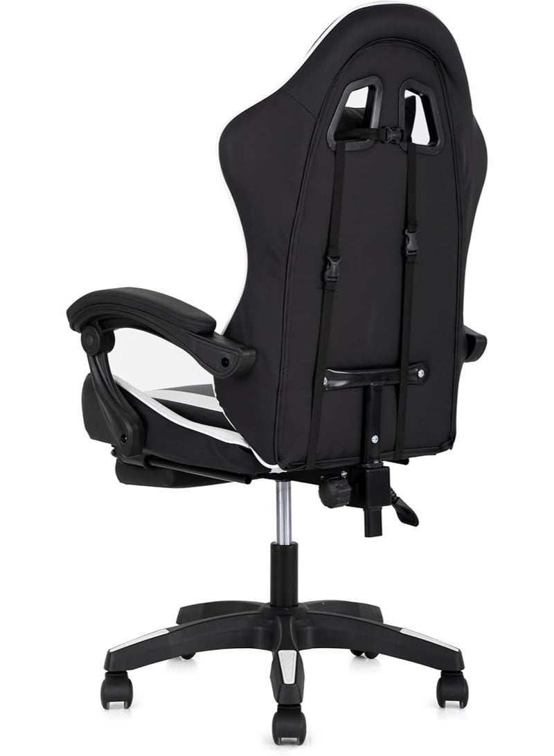 مالتي هوم فيرنيتشر كرسي ألعاب مريح MH-32FR أبيض بمسند للقدمين، كرسي مكتب سباق قابل للتعديل مع دعم أسفل الظهر ومسند للرأس، أسود وأبيض - Image 3