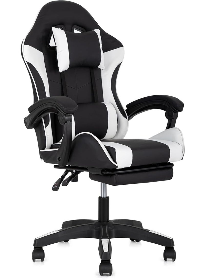 مالتي هوم فيرنيتشر كرسي ألعاب مريح MH-32FR أبيض بمسند للقدمين، كرسي مكتب سباق قابل للتعديل مع دعم أسفل الظهر ومسند للرأس، أسود وأبيض - Image 1