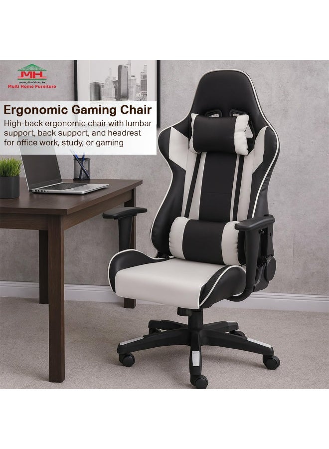 مالتي هوم فيرنيتشر كرسي ألعاب منزلي متعدد الاستخدامات باللونين الأبيض والأسود | كرسي مريح بمسند ظهر مرتفع وقابل للإمالة مع مساند ذراعين ودعم للظهر قابل للتعديل | كرسي مكتب من جلد البولي يوريثين مناسب لأجهزة الألعاب ويوفر دعمًا ممتازًا للظهر. - Image 2