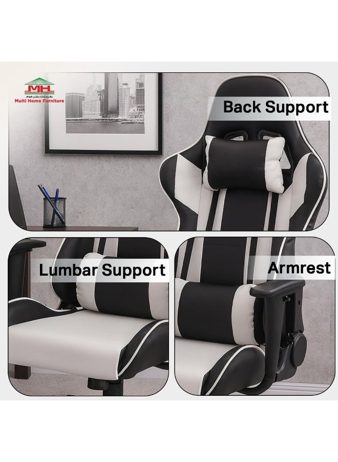 مالتي هوم فيرنيتشر كرسي ألعاب منزلي متعدد الاستخدامات باللونين الأبيض والأسود | كرسي مريح بمسند ظهر مرتفع وقابل للإمالة مع مساند ذراعين ودعم للظهر قابل للتعديل | كرسي مكتب من جلد البولي يوريثين مناسب لأجهزة الألعاب ويوفر دعمًا ممتازًا للظهر. - Image 3