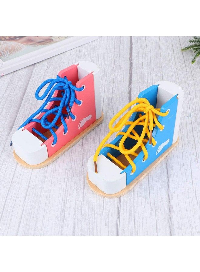 STOBOK 2Pcs Wood Lacing Sneaker Learn To Tie Shoes Tieup Shoe Threading Toy Montessori Educational Toys (Blue + Pink) - Image 3