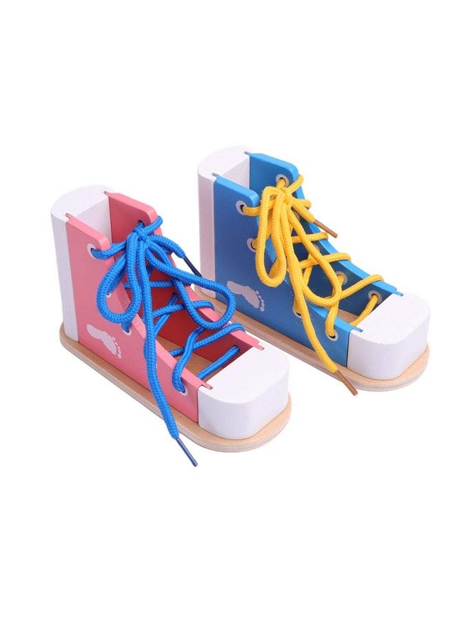 STOBOK 2Pcs Wood Lacing Sneaker Learn To Tie Shoes Tieup Shoe Threading Toy Montessori Educational Toys (Blue + Pink) - Image 1
