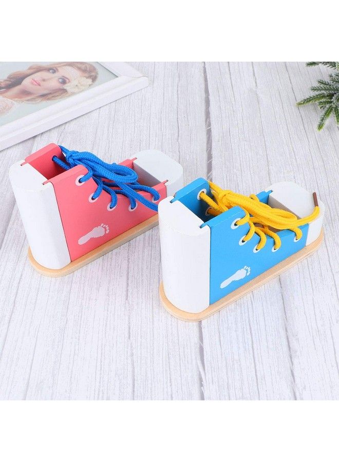 STOBOK 2Pcs Wood Lacing Sneaker Learn To Tie Shoes Tieup Shoe Threading Toy Montessori Educational Toys (Blue + Pink) - Image 5