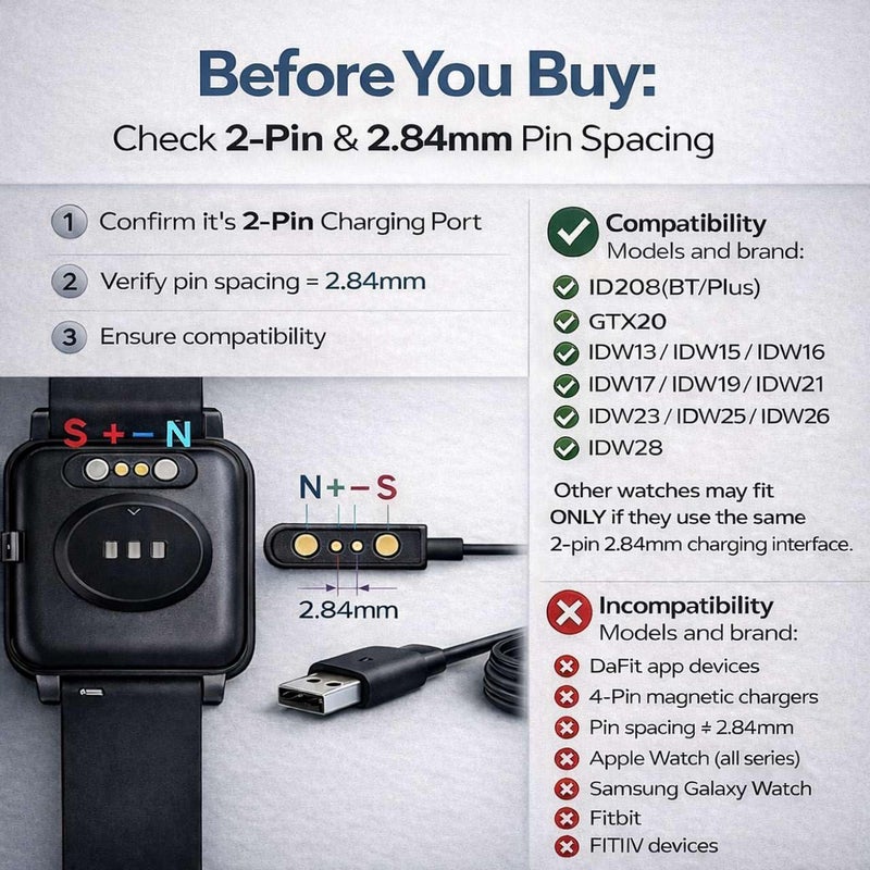 Mailink Smartwatch Charger, Magnetic Charging Cable for IDW13/15/16/17/19/21/23/25/26/28, ID208, GTX20, Replacement USB Magnetic Charger Compatible with VeryFit/VeryFitPro App Models Smart watch,, Black - Image 2