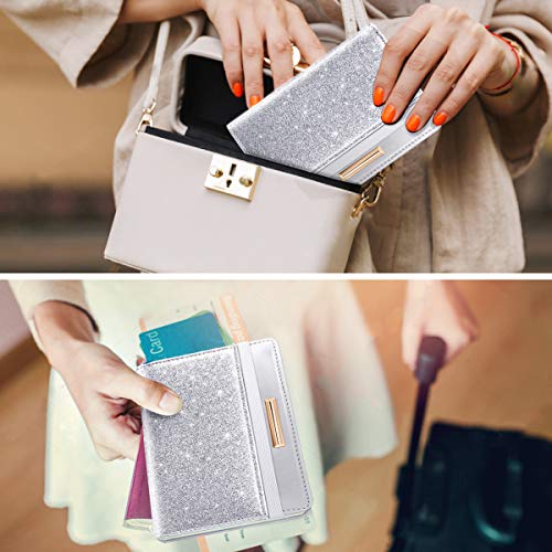 Coco Rossi Passport Holder Cover Women's Travel Wallet RFID Blocking Cute Slim Passport Wallet with Elastic Band, Silver - Image 5