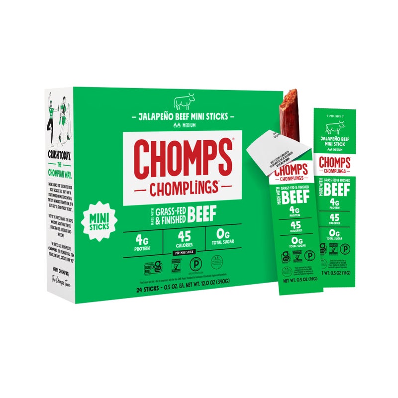 Chomps Snack Size GrassFed and Finished Jalapeo Beef Jerky Snack Sticks 05oz 24Pack  Keto Paleo Whole30 4g Lean Meat Protein GlutenFree Zero Sugar Food NonGMO Chomplings - Image 3