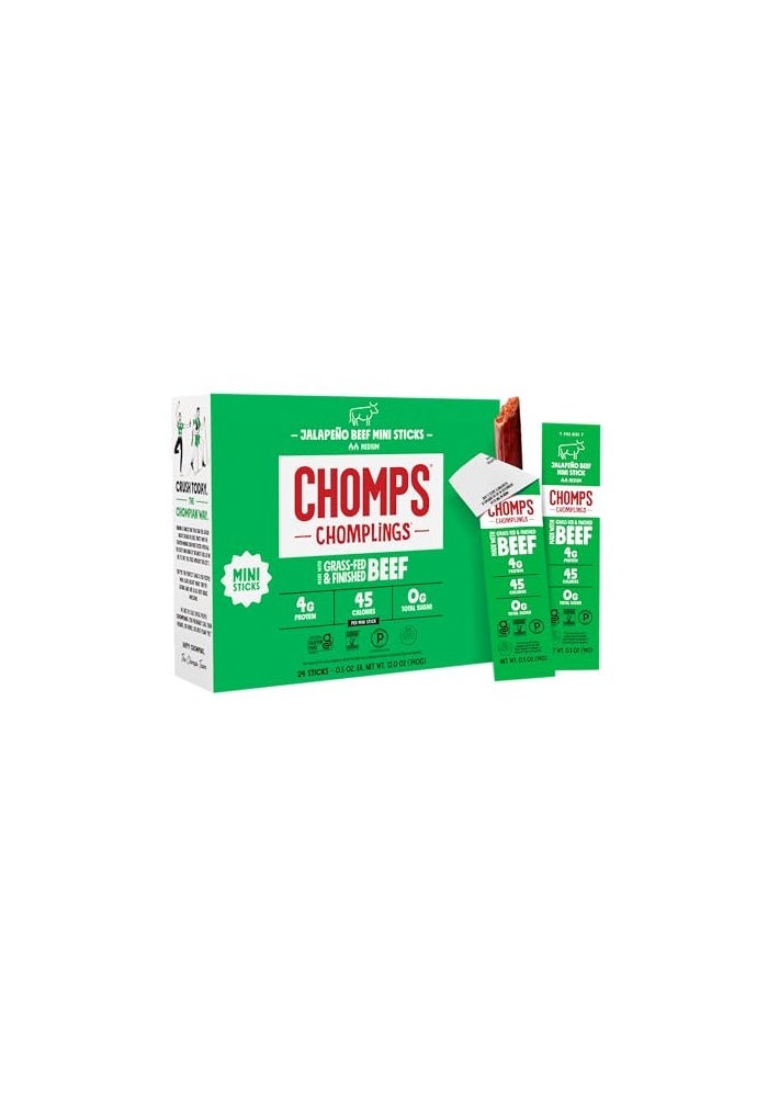 Chomps Snack Size GrassFed and Finished Jalapeo Beef Jerky Snack Sticks 05oz 24Pack  Keto Paleo Whole30 4g Lean Meat Protein GlutenFree Zero Sugar Food NonGMO Chomplings - Image 1